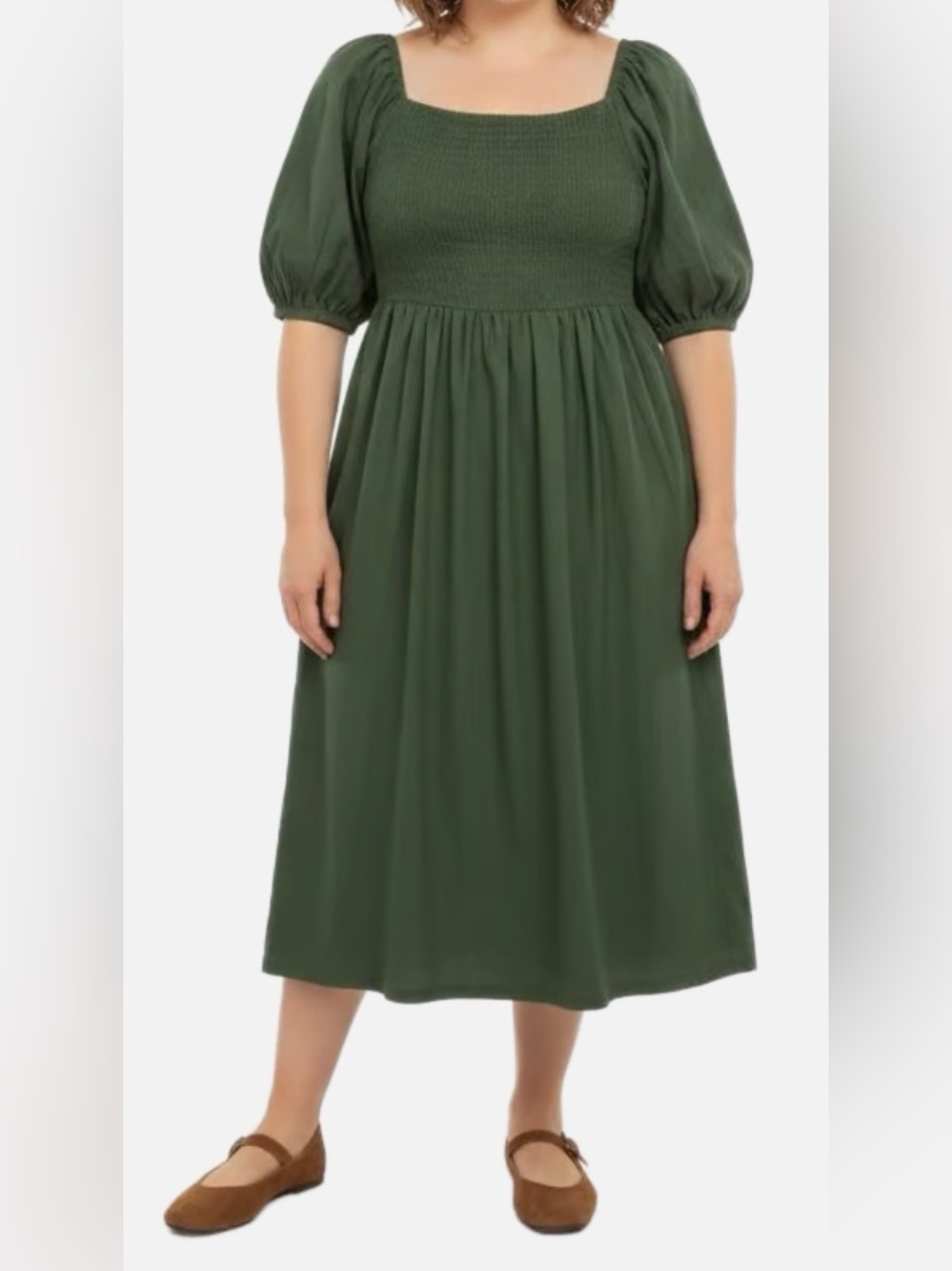 She + Sky Olive Green Smocked Square-Neck Midi Dress